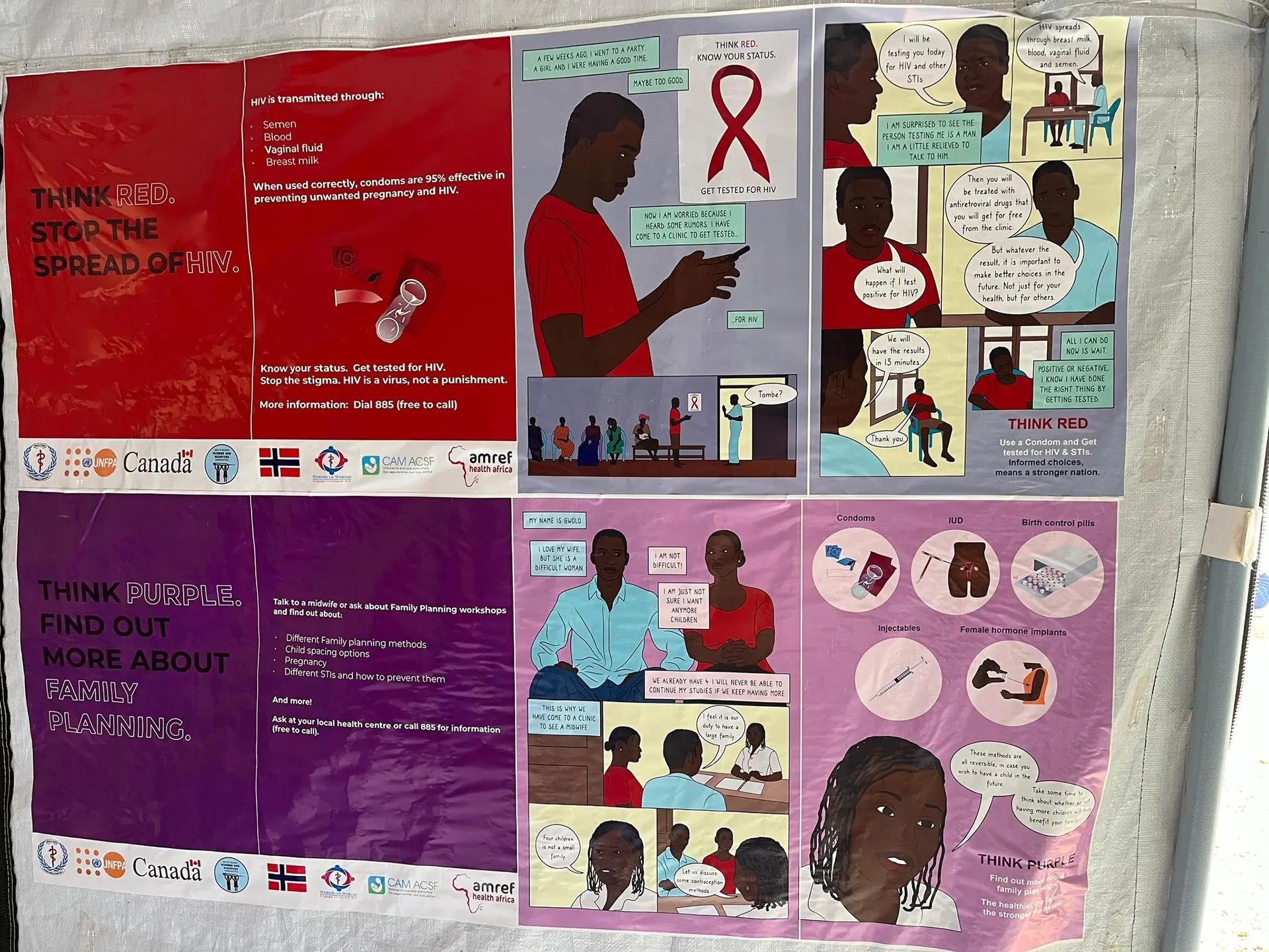 A display of four colorful educational posters about HIV prevention and family planning, featuring text, illustrations of people discussing health topics, and various health-related graphics. Logos of supporting organizations are visible.